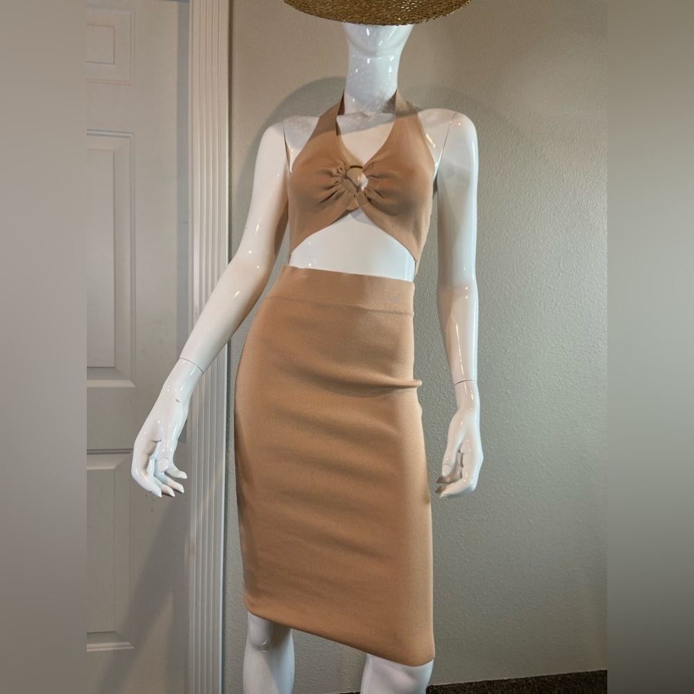 Fashion Nova Camel Brown Cutout Halter Skirt Set